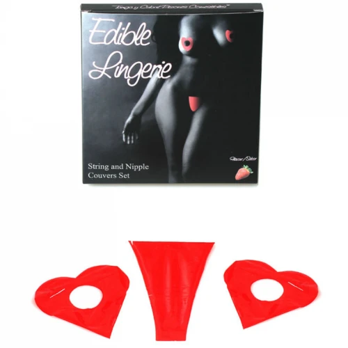 SECRETPLAY THONG AND EDIBLE NIPPLES COVER STRAWBERRY
